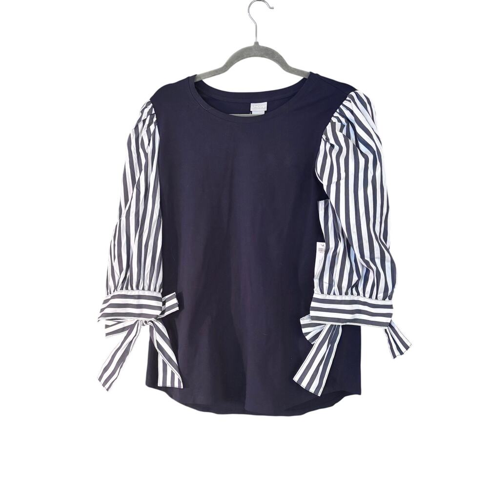 Chicos Mixed Fabric Blouse Top Striped Puff Sleeve With Large Bow 22 Cuff Preppy
